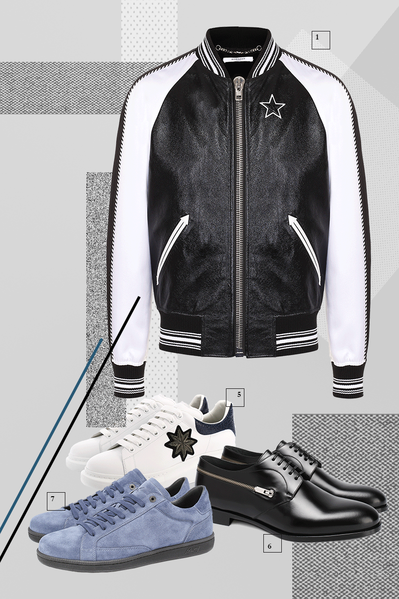 1 | Бомбер, Givenchy, 131 000 руб.
2 | Бомбер, Bottega Veneta, 216 000 руб.
3 | Рубашка, Dolce & Gabbana, 46 500 руб.
4 | Куртка, Saint Laurent, 77 400 руб.
5 | Кеды, Alexander McQueen, 27 600 руб.
6 | Дерби, Dior, 44 800 руб.
7 | Кеды, Brioni, 35 400 руб.