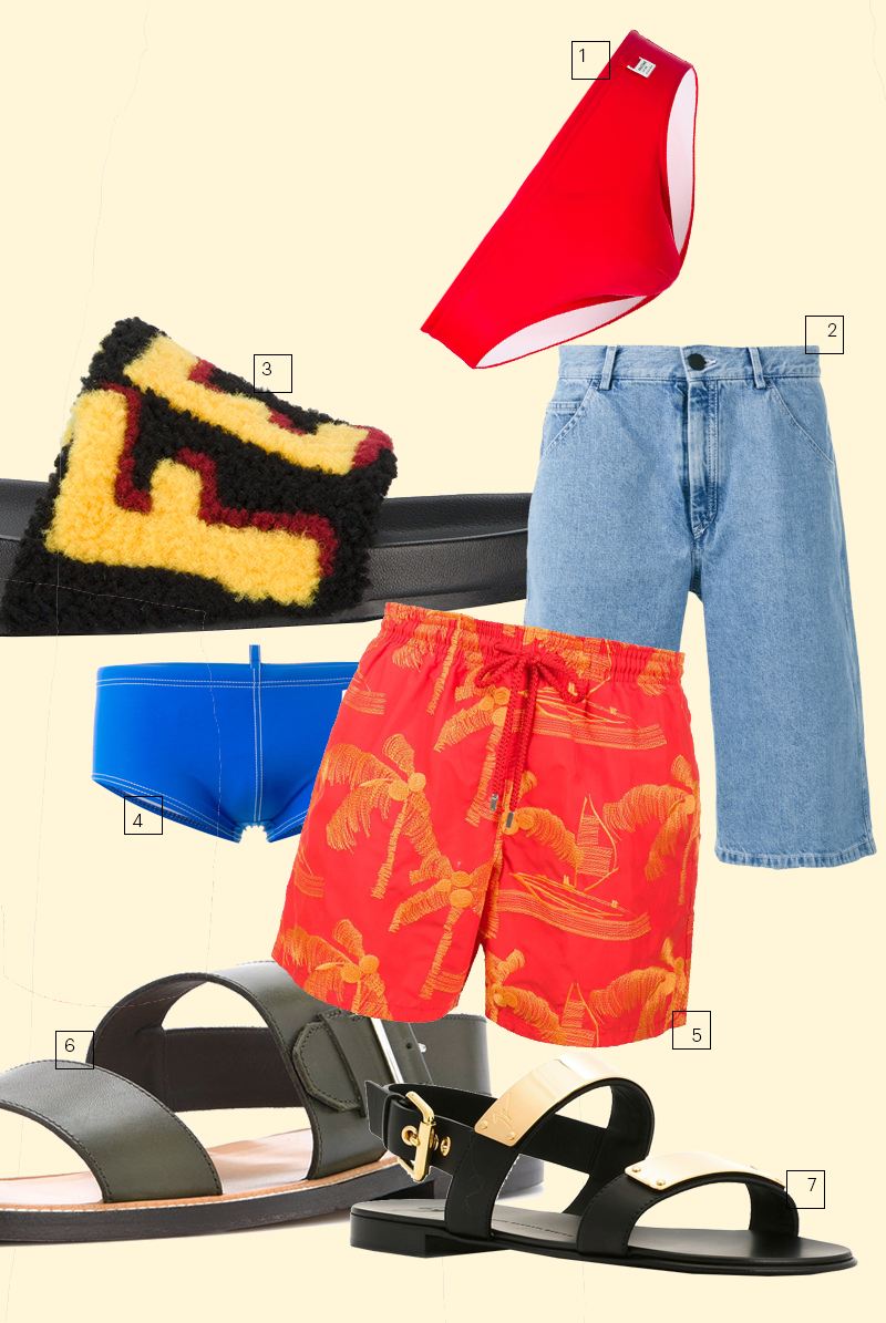 1) Плавки, MC2 Saint Barth
2) Джинсовые шорты, Gosha Rubchinskiy
3) Шлепанцы, Fendi
4) Шорты для плавания, DSquared2
5) Шорты для плавания, Vilebrequin
6) Кожаные сандалии, Cerutti 1881
7) Сандалии, Giuseppe Zanotti Design