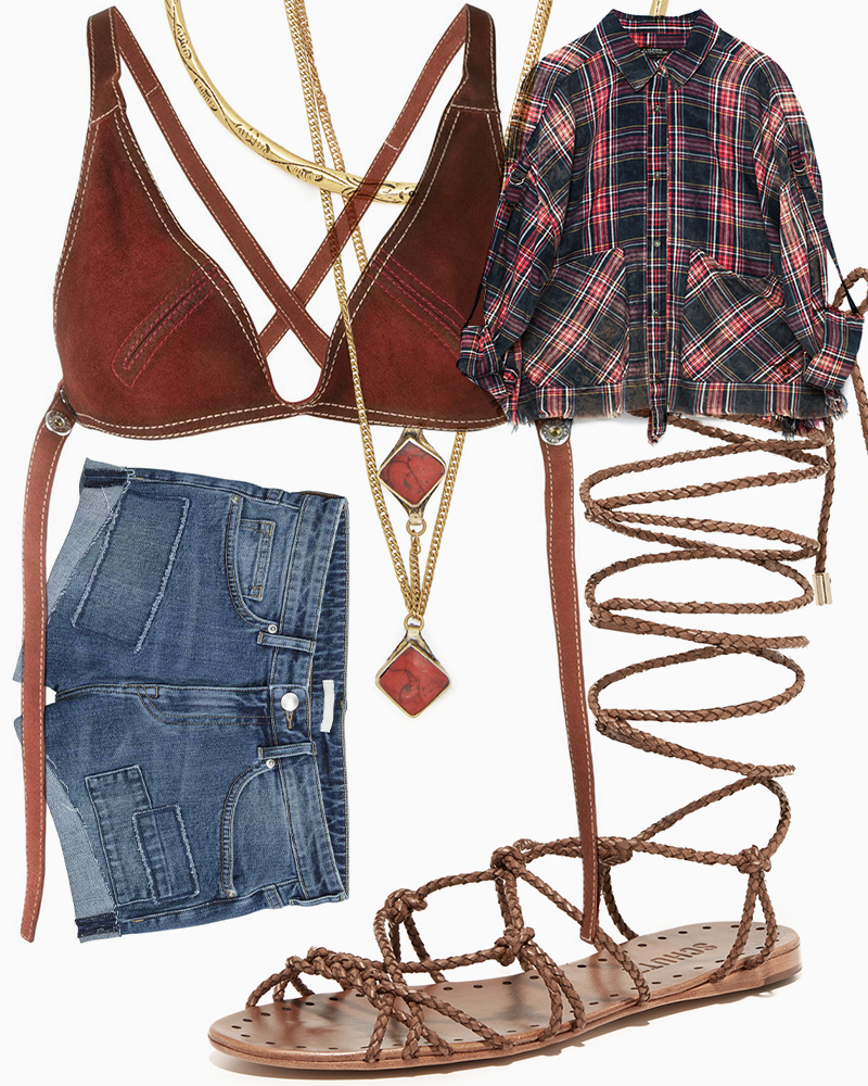 Лифчик, DSquared2 | Шорты, H&M | Рубашка, Zara | Ожерелье, Vanessa Mooney | Сандалии, Schutz