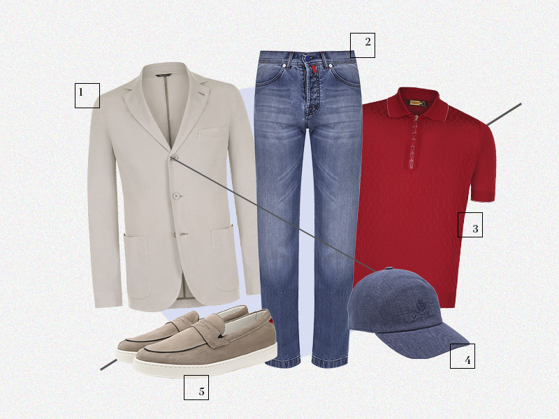 1. Пиджак Loro Piana из хлопка, шелка и льна
2. Джинсы Kiton
3. Поло Zilli из шелка с отделкой из кожи аллигатора
4. Бейсболка Loro Piana
5. Лоферы Kiton