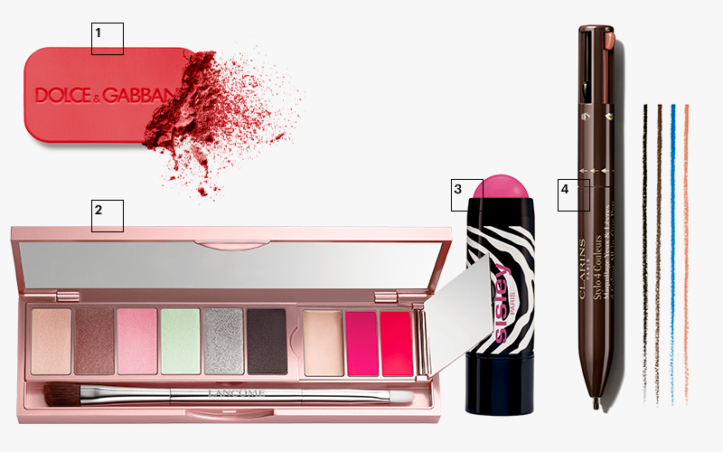 1 | Румяна Blush (оттенок 47), Dolce & Gabbana
2 | Палетка для макияжа глаз и губ La Palette La Rose, Lancôme
3 | Румяна Blush-crème Poudré(оттенок 2), Sisley
4 | Четырехцветная подводка для глаз и губ Stylo 4 Couleurs, Clarins