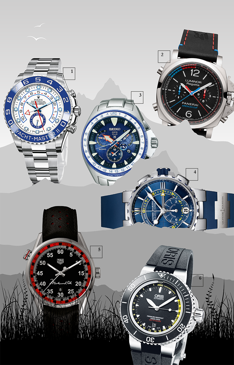 1) Oyster Perpetual Yacht-Master II, Rolex
Разработанный Rolex счетчик обратного отсчета регаты от 1 до 10 минут обладает механической памятью. Программирование активизируется при помощи поворотного ободка Ring Command.
2) Luminor 1950 Regatta Oracle Team USA 3 Days Chrono Flyback, Officine Panerai
Официальные часы команды Oracle Team USA на Кубке Америки 2017 года — возвратный хронограф с функцией обратного отсчета Regatta, который рассчитывает время до старта гонки.
3) Marinemaster GPS Solar Dual-Time, Seiko
Используя энергию света, эти часы в корпусе из титана способны настраиваться на точное местное время в любом часовом поясе — на суше или посреди океана.
4) Marine Regatta, Ulysse Nardin
Хронограф с регатной функцией отсчитывает минуты до начала гонки, а кроме того, отслеживает время прохождения дистанции после старта. Часы разработаны при участии яхтсменов Artemis Racing.
5) Carrera Calibre 5 Ring Master, Tag Heuer
Спортивные часы посвящены легендарному Мохаммеду Али. На вращающийся ободок нанесена шкала для подсчета раундов боксерского поединка (с 1-го по 15-й).
6) Oris Aquis Depth Gauge, Oris
Индикатор глубины устроен согласно закону Бойля — Мариотта: при погружении в канал вокруг циферблата, наполненный сжатым воздухом, поступает вода, граница воздуха и воды соответствует глубине погружения в метрах.