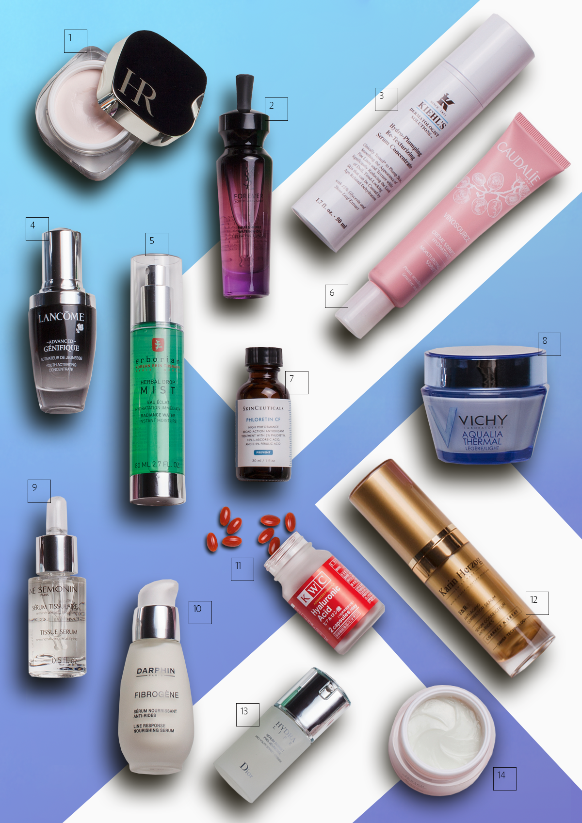 1. Увлажняющий крем для сухой кожи Collagenist Re-Plump, Helena Rubinstein
2. Вода с питательными свойствами масел Forever Youth Liberator Water-In-Oil, Yves Saint Laurent
3. Сыворотка-концентрат, интенсивно увлажняющая кожу Dermatologist Solutions, Kiehl’s
4. Сыворотка-концентрат Advanced Genifique, Lancôme
5. Энергетический лосьон-спрей на основе трав Herbal Drop Mist, Erborian
6. Увлажняющий крем-сорбет Vinosource, Caudalie
7. Антиоксидантная сыворотка для жирной и нормальной кожи Phloretin CF, SkinCeuticals
8. Увлажняющий крем Aqualia Thermal, Vichy
9. Увлажняющая сыворотка, повышающая упругость кожи Tissue Serum, Anne Semonin
10. Питательная разглаживающая сыворотка Fibrogene, Darphin
11. Биологически активная добавка с гиалуроновой кислотой Hyaluronic Acid, KWC
12. Сыворотка для лица с гиалуроновой кислотой E&R, Karin Herzog
13. Увлажняющая сыворотка против признаков усталости кожи Hydra Life, Dior
14. Успокаивающий увлажняющий крем для чувствительной кожи Force Vitale, Swiss Line