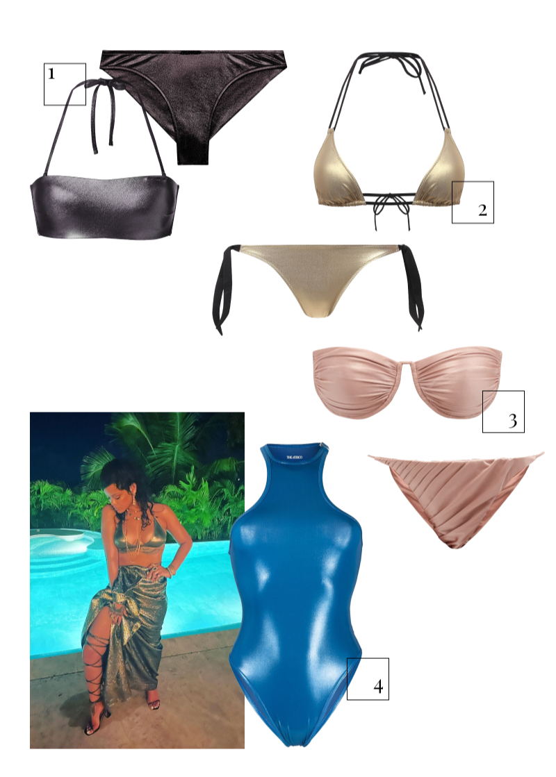 Рианна
1. Купальник Calvin Klein, лиф — 6900 руб., плавки — 5200 руб. (Calvin Klein)
2. Купальник Gianantonio Paladini, лиф — 15 300 руб., плавки — 10 650 руб. (ЦУМ)
3. Купальник Isa Boulder, лиф — 7980 руб., плавки — 7535 руб. (matchesfashion.com)
4. Купальник The Attico, 29 244 руб. (farfetch.com)