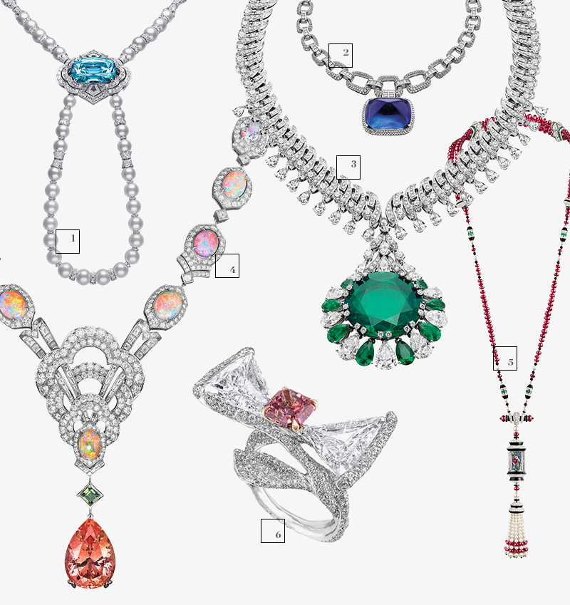 1) Коле Louis Vuitton; 2) Колье Bulgari; 3) Колье Bulgari; 4) Колье Louis Vuitton; 5) Колье Van Cleef & Arpels; 6) Кольцо Cindy Chao