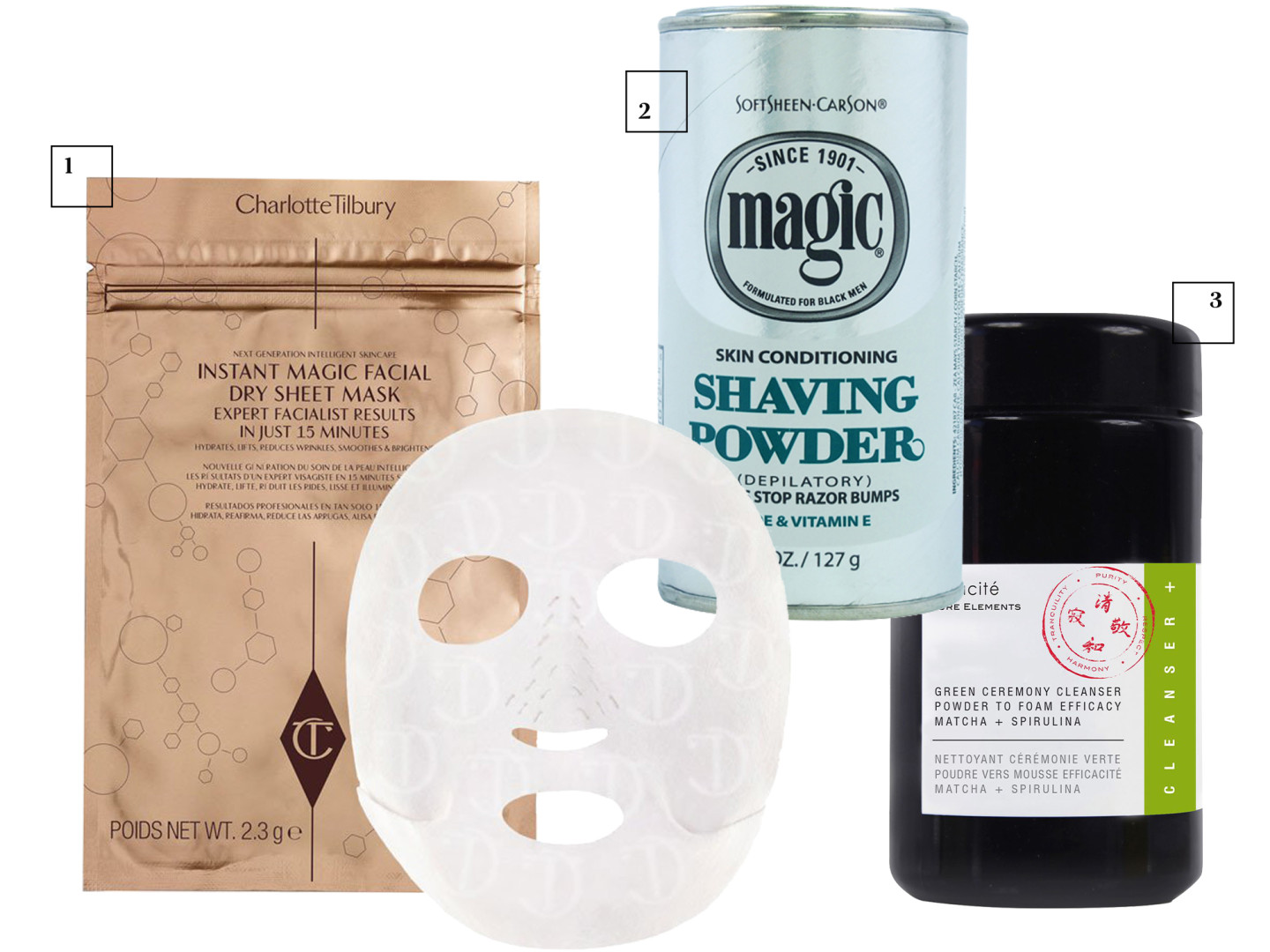Сухая тканевая маска Charlotte, Tilbury
Пудра для бритья SoftSheen, Carson
Очищающая пудра для лица с матчей и спирулиной, ODACITE
