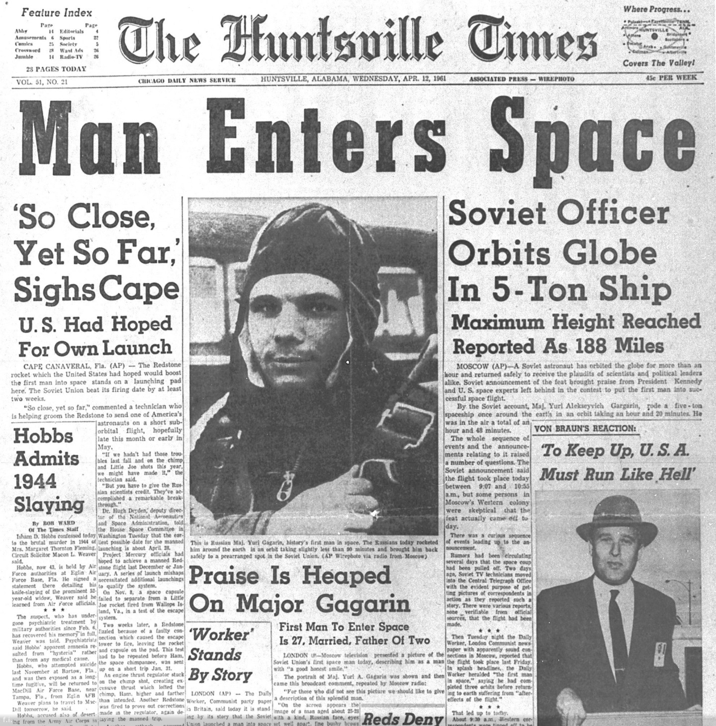 Первая полоса газеты The Huntsville Times от 12 апреля 1961