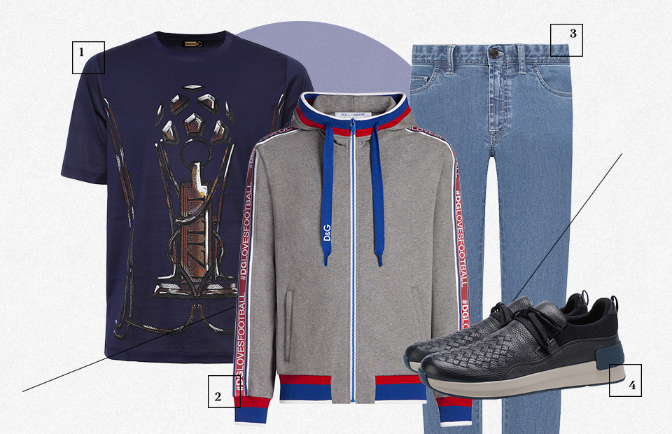 1. Футболка Zilli — ₽ 28 450
2. Толстовка Dolce & Gabbana — ₽ 53 100
3. Джинсы Brioni — ₽ 39 950
4. Кроссовки Bottega Veneta — ₽ 45 100
