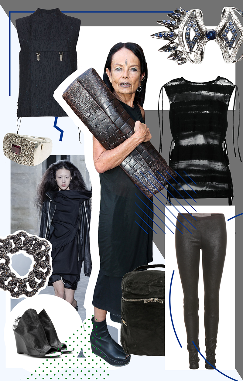 Образ с подиума, Rick Owens | Жилет, Alexandre Plokhov | Топ, Damir Doma | Леггинсы, Rick Owens | Сумка, Guidi | Браслет, Ugo Cacciatori | Кольцо, Rosa Maria | Кольцо, Nikos Koulis | Браслет, Tom Binns | Босоножки, Balenciaga