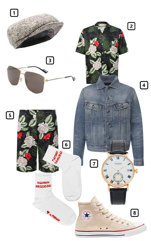 1. Кепи Brunello Cucinelli
2. Рубашка Gucci
3. Очки Dior
4. Джинсовая куртка Ralph Lauren
5. Шорты Gucci
6. Носки St. Friday Socks
7. Часы Chopard
8. Кеды Converse
