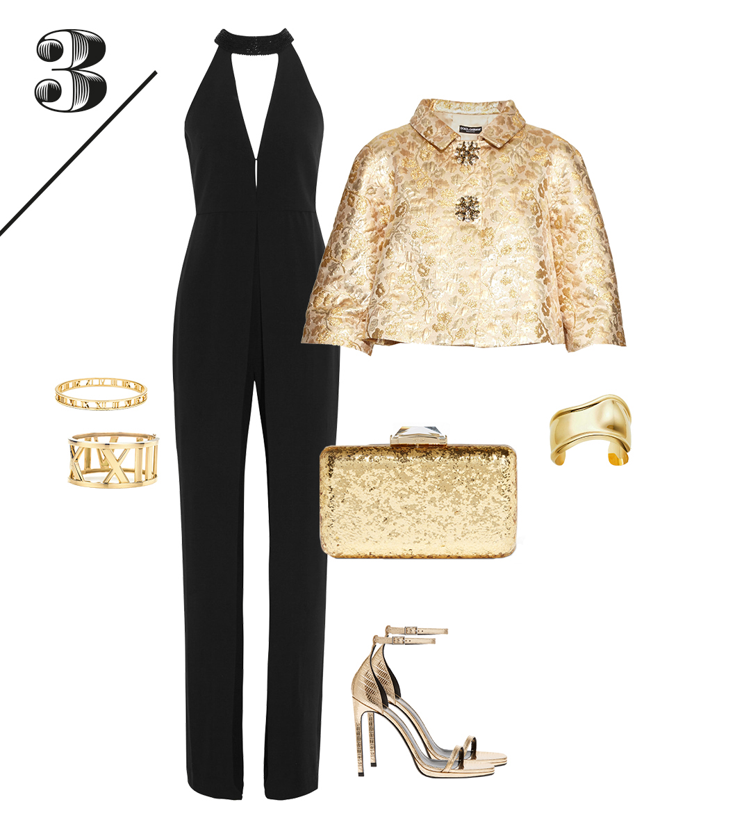 Комбинезон Halston Heritage | Жакет Dolce&Gabbana | Босоножки Saint Laurent | Клатч Kotur | Золотые браслеты Tiffany&Co.