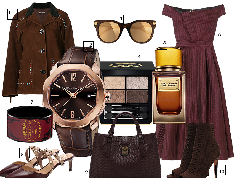 1. Куртка Miu Miu 2. Часы Octo Roma, Bulgari 3. Солнцезащитные очки Cartier 4. Тени Tuscan Storm, Gucci 5. Парфюмерная вода Velvet Collection Amber Skin, Dolce & Gabanna 6. Платье Roland Mouret 7. Браслет Hermes 8. Туфли Valentino 9. Сумка Bottega Venetta 10. Ботильоны Gianvito Rossi