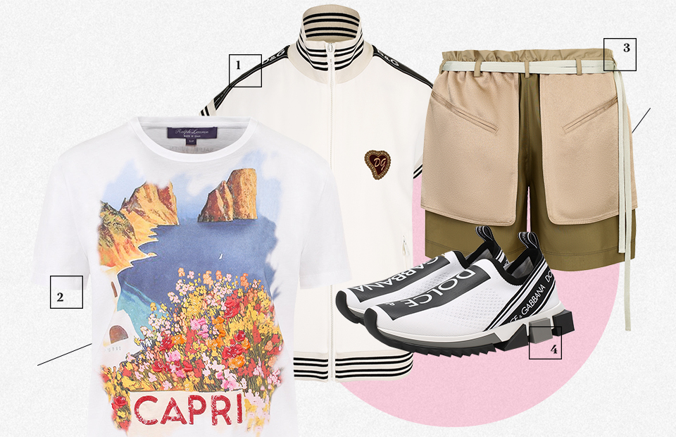 1. Бомбер с коротким рукавом Dolce & Gabbana — ₽ 58 450
2. Футболка Ralph Lauren — ₽ 34 000
3. Шорты Valentino — ₽ 74 800
4. Кроссовки Dolce & Gabbana — ₽ 39 950