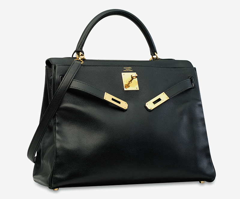 SAC KELLY RETOURNÉ 32 EN CUIR GULLIVER NOIR, GARNITURE EN MÉTAL DORÉ HERMÈS, 1995