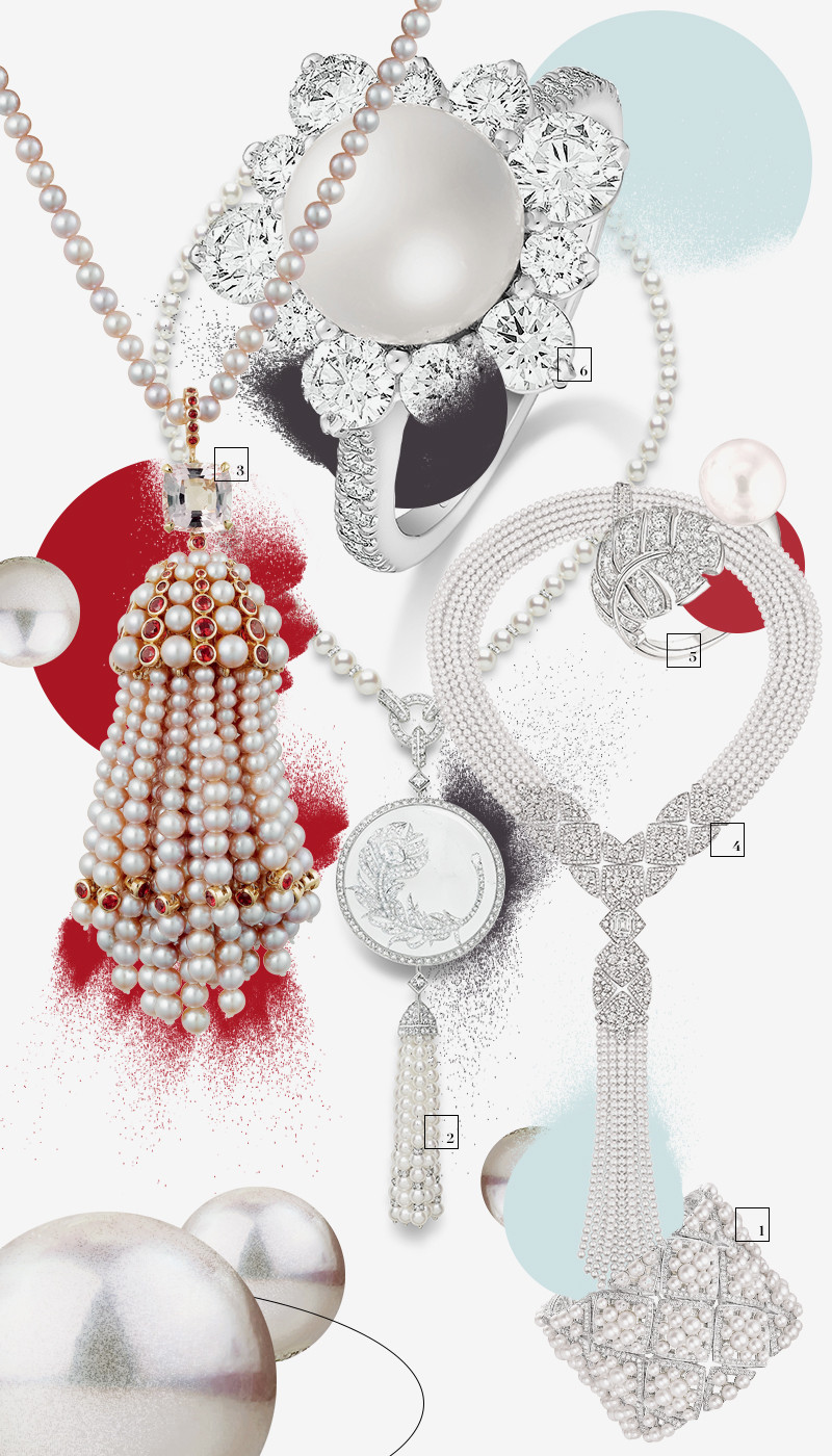 1,4 Браслет и колье Signature de Perles, Chanel Fine Jewellery | 2. Колье Plume de Paon Medaillon, Boucheron | 3. Колье Paris Nouvelle Vague, Cartier | 5. Кольцо Plume Perle из коллекции Les Icones de Chanel, Chanel Fine Jewellery | 6. Кольцо Perles Imperiales, Breguet