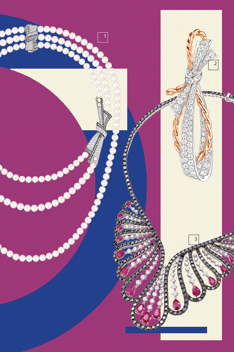 1) Колье из коллекции Coco avant Chanel, Chanel
2) Серьги из коллекции Insolence, Chaumet
3) Колье Vanita, Damiani