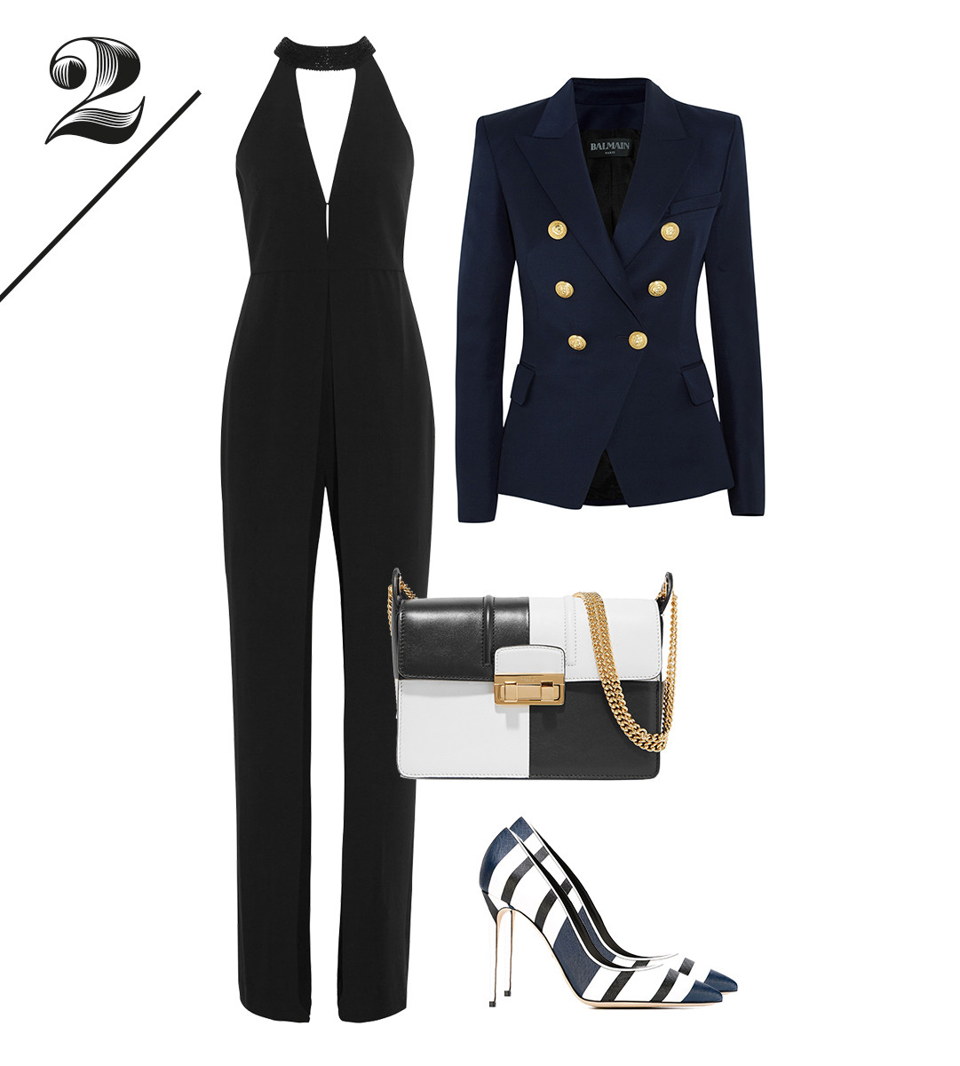 Комбинезон Halston Heritage | Жакет Balmain | Лодочки Dolce&Gabbana | Сумка Lanvin