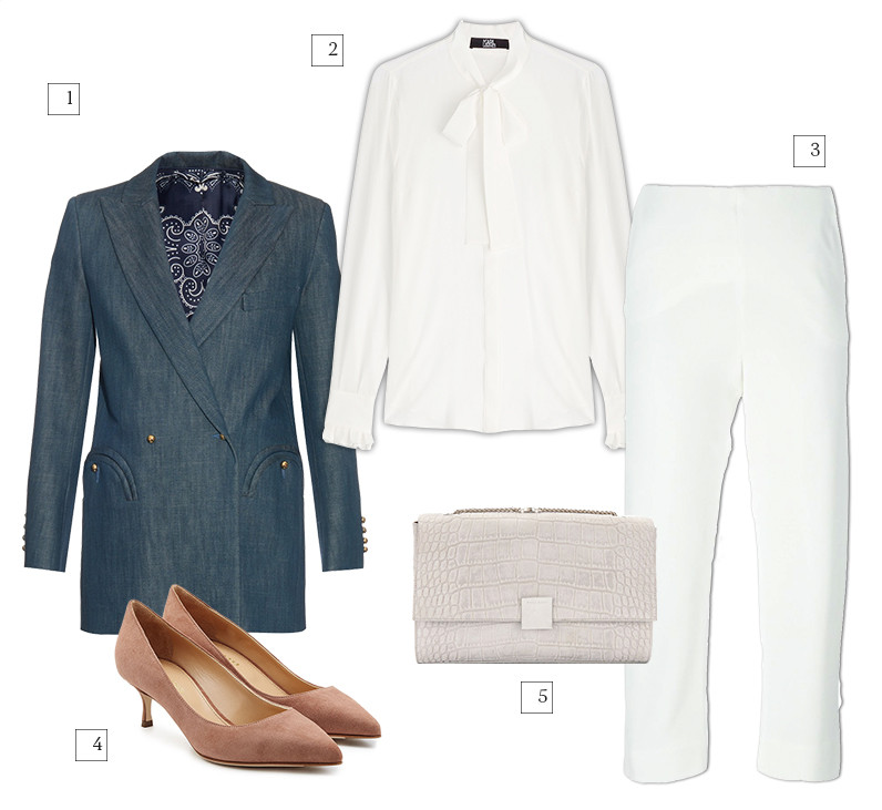 1 Жакет, Blazé Milano | 2 Блузка, Karl Lagerfeld | 3 Брюки, Giorgio Armani | 4 Туфли, Sergio Rossi | 5 Сумка, Boss