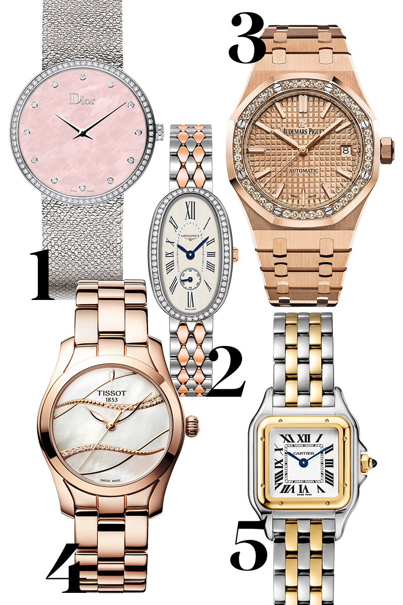 La D de Dior Satine, Dior, сталь, перламутр, бриллианты, 606 000 руб.
Symphonette, Longines, сталь, золото, 252 000 руб.
Royal Oak, Audemars Piguet, золото, бриллианты, 2 865 000 руб.
Tissot T-Wave, Tissot, сталь, позолота, бриллианты, перламутр, 39 190 руб.
Panthere de Cartier, Cartier, сталь, золото, сапфир, 443 000 руб.