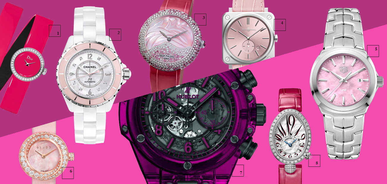 1 | La Mini D de Dior, Dior Horlogerie
2 | J12 Collector, Chanel
3 | Calatrava High Jewellery, Patek Philippe
4 | Nova Rosa, Bell & Ross
5 | Link Lady, TAG Heuer
6 | Graff Pink Spiral, Graff
7 | Hublot Big Bang Unico Sapphire, Hublot
8 | Reine de Naples Mini, Breguet