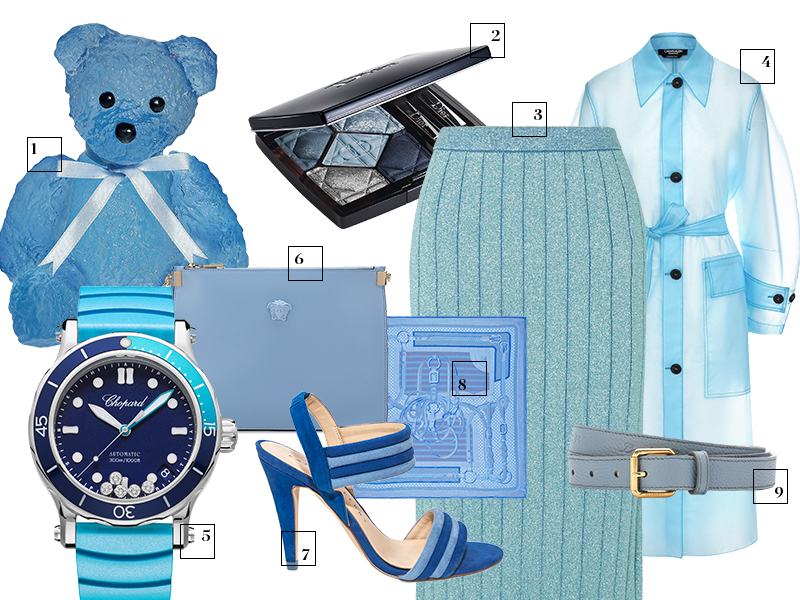 1. Скульптура Serge Mansau Teddy Bear, Daum 2. Тени Diorshow Mono, Dior 3. Юбка Marc Jacobs 4. Тренч Calvin Klein 205W39NYC 5. Часы Happy Ocean, Chopard 6. Сумка Versace 7. Босоножки Katy Perry 8. Платок Hermès 9. Пояс Lora Piana