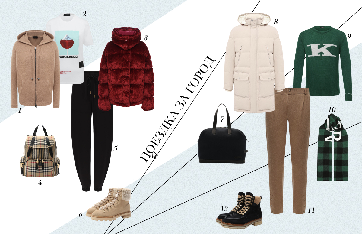 1. Кардиган Tom Ford
2. Футболка Dsquared2
3. Пуховик Moncler
4. Рюкзак Burberry
5. Джоггеры Chloe
6. Ботинки Jimmy Choo
7. Сумка Brioni
8. Пуховик Brunello Cucinelli
9. Свитер Kiton
10. Шарф Moncler
11. Брюки Dolce & Gabbana
12. Ботинки Santoni