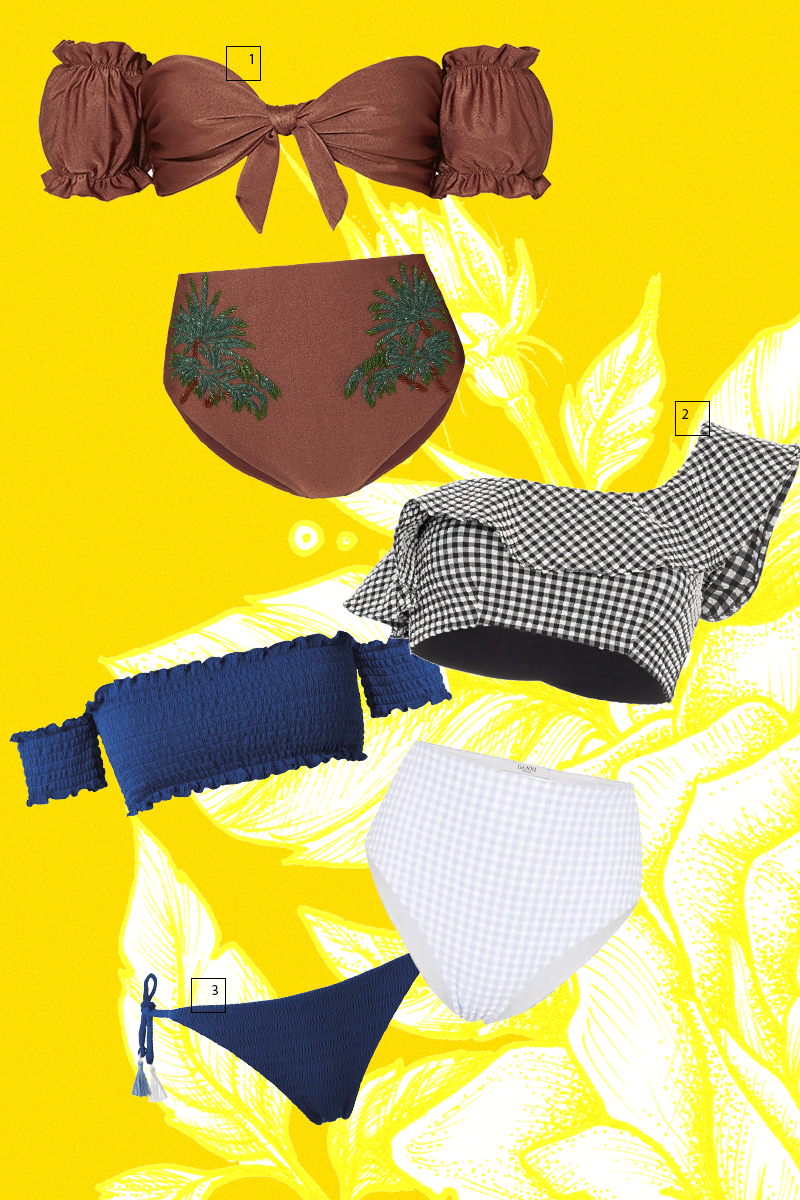 1) PatBO (Net-a-Porter), £125
2) Ganni (Farfetch), 12 409 руб.
3) Calzedonia, лиф 3699 руб., трусы 1999 руб.