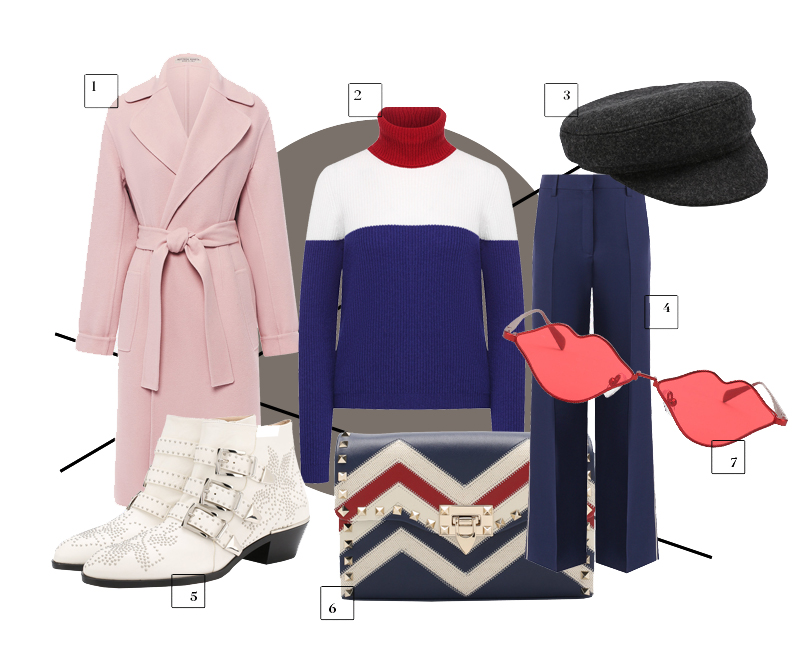 1. Пальто Bottega Veneta, 318 000 руб. 2. Пуловер Giorgio Armani, 79 950 руб. 3. Кепи Isabel Marant, 9750 руб. 4. Брюки Valentino, 89 900 руб. 5. Сапоги Chloé, 72 700 руб. 6. Сумка Valentino, 97 600 руб. 7. Солнцезащитные очки Roberi & Fraud, 22 900 руб.