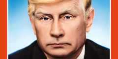 На обложке журнала изображен президент США Дональд Трамп с лицом Владимира Путина. Заголовок в нижней части изображения — «Дважды правитель: сколько Путина в Трампе?»
