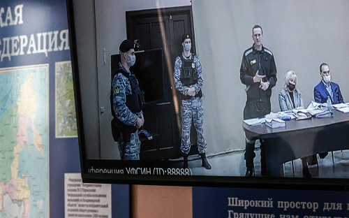 Алексей Навальный (на экране в центре) и адвокат Ольга Михайлова (на экране вторая справа)