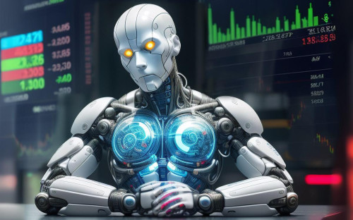 Иллюстрация нарисована нейросетью по запросу «мужчина в роли аналитика фондового рынка сидит за столом на фоне торговых терминалов фондового рынка, сложный 3d рендер ультра детальный, андроидное лицо, киборг, роботизированные части»
