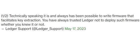 Снимок экрана с удаленным твитом компании Ledger. Источник CoinDesk
