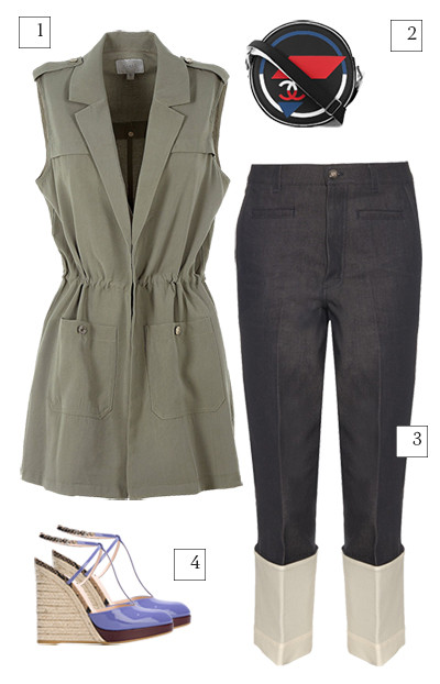 1 Жилет, Guess | 2 Сумка, Chanel | 3 Джинсы, Loewe | 4 Эспадрильи, Fendi