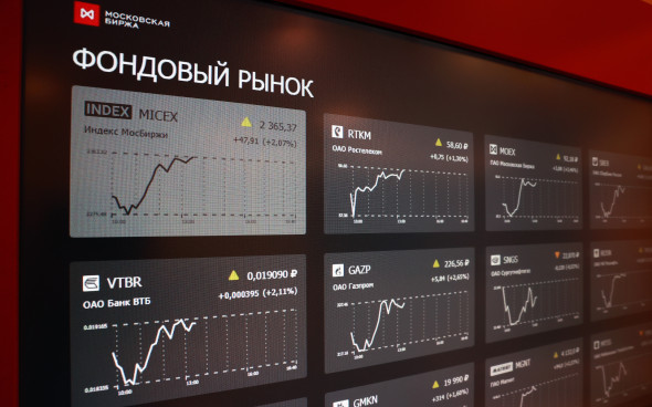 Информационный стенд с графиками фондовых рынков в офисе Московской биржи