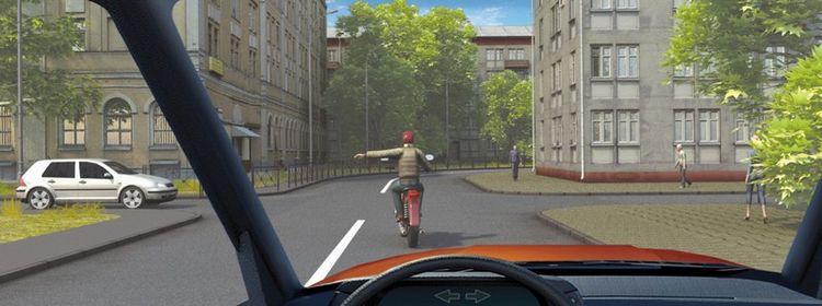 Билет № 14. Вопрос № 7. Такой сигнал рукой, подаваемый водителем мотоцикла, информирует Вас: