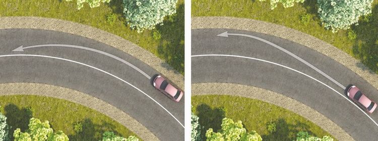 Билет № 32. Вопрос № 19. При повороте налево обеспечение безопасности движения достигается путем выполнения поворота по траектории, которая показана: