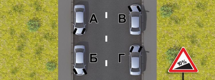 Билет № 11. Вопрос № 19. В случае остановки на подъеме (спуске) при наличии тротуара можно предотвратить самопроизвольное скатывание автомобиля, повернув его передние колеса в положение: