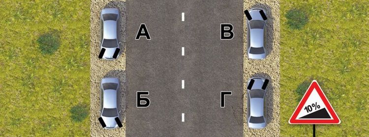 Билет № 6. Вопрос № 19. В случае остановки на подъеме (спуске) при наличии обочины можно предотвратить самопроизвольное скатывание автомобиля на проезжую часть, повернув его передние колеса в положение: