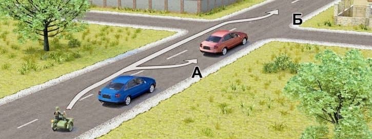 Билет № 39. Вопрос № 11. По какой траектории водителю мотоцикла можно выполнить обгон?