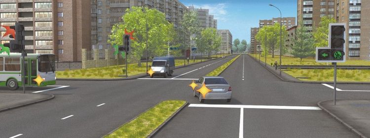 Билет № 29. Вопрос № 13. При выполнении какого маневра водитель легкового автомобиля имеет преимущество в движении?