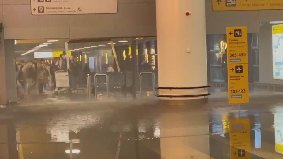 Потоп в аэропорту Шереметьево из-за срабатывания сигнализации. Видео
