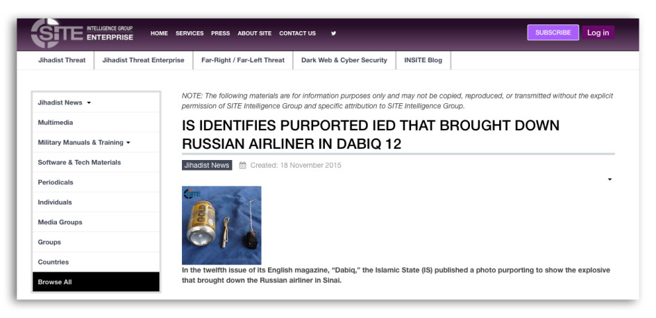 Скриншот сайта группы SITE, которая специализируется на мониторинге исламистских сайтов. На фото взрывное устройство, которое по данным издаваемого запрещенной в России организации ИГИЛ журнала Dabiq, было заложено в разбившемся на Синае А321