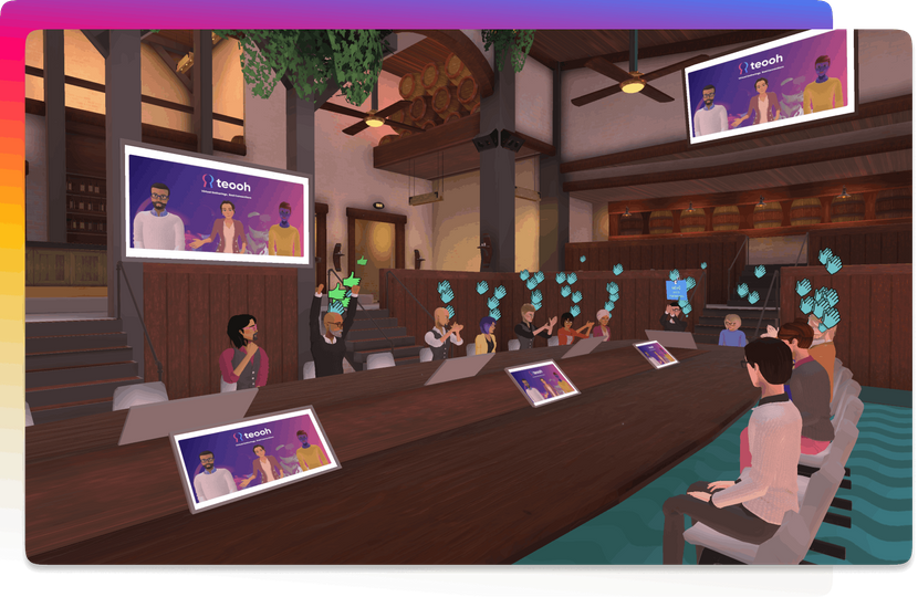 Виртуальная конференция в Roomkey, над головами аватаров — реакции на речь выступающего