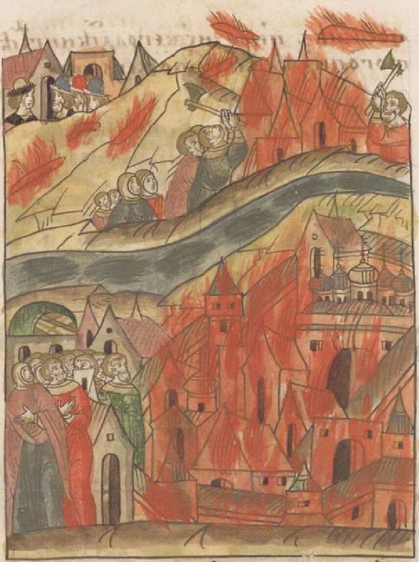 Тушение пожара. Миниатюра из Лицевого летописного свода, XVI век