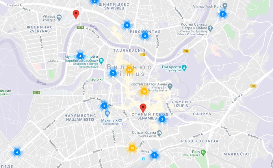 На карте Вильнюса отображаются мероприятия, к которым можно присоединиться. У каждого — отдельная карточка с описанием события и организационными моментами. Вы можете участвовать в любом событии или создать свое