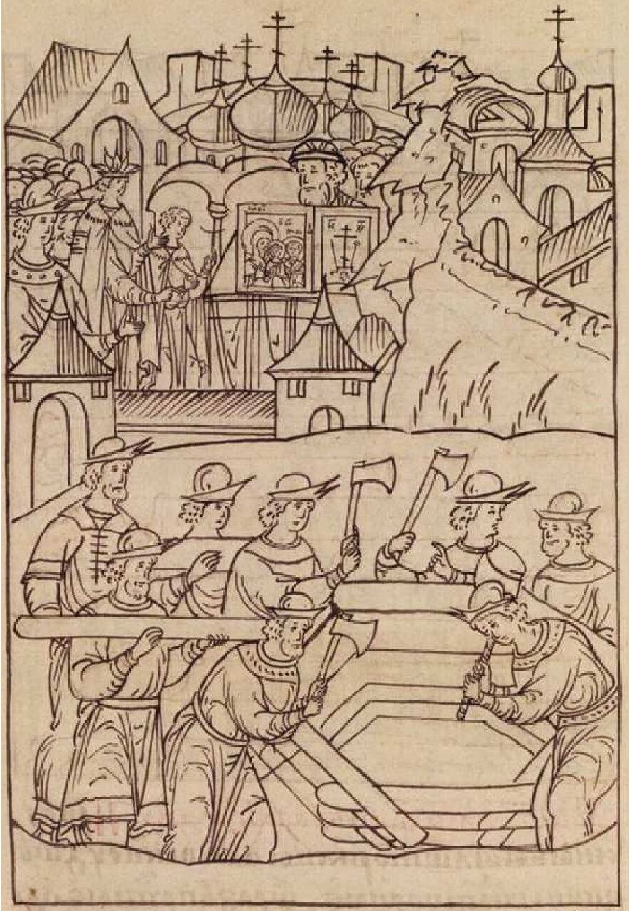Строительство деревянной церкви. Миниатюра из Лицевого летописного свода, XVI век