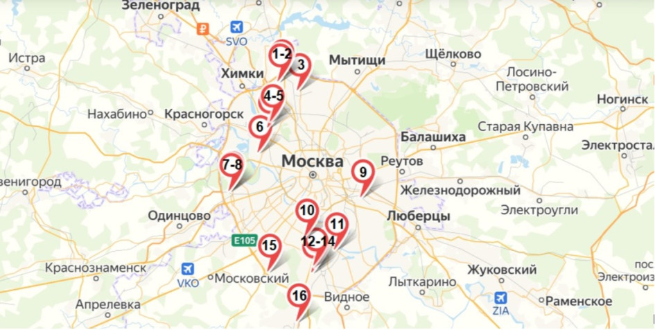 Карта проектов московской программы реновации промзон. Полное описание объектов — см. таблицу