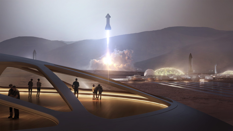 Корабли Starship обеспечат доступную доставку значительного количества грузов и людей, необходимых для строительства лунных баз и городов на Марсе. Рендер