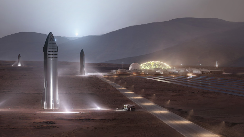 SpaceX Илона Маска уверяет, что многоразовый корабль Starship с экипажем до ста человек сможет достигать почти любой точки Солнечной системы. Рендер