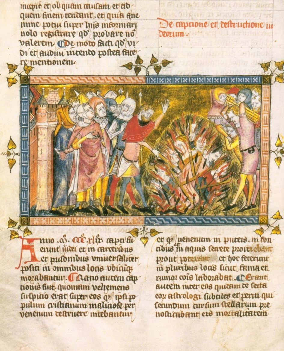 Страница с описанием казни евреев из хроники Жиля ли Муасиса, ок. 1350 года
